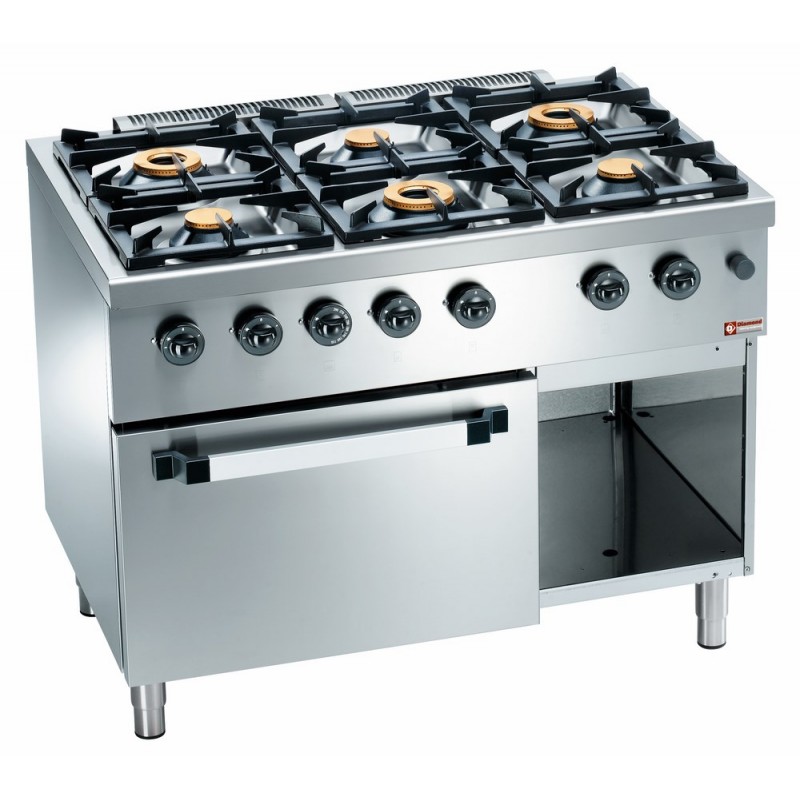 Fourneau gaz 6 feux vifs, sur four gaz GN 2/1 et armoire Base 700