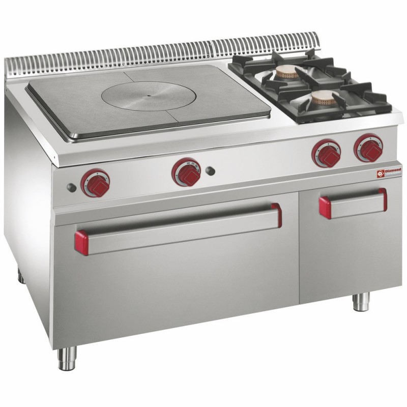 Fourneau taque coup de feu, 2 feux gaz, four GN 2/1, armoire GN1/1 Optima 700