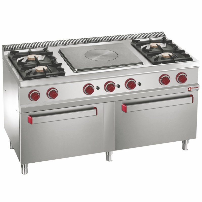 Fourneau gaz 4 feux vifs, taque coup de feu centrale, 2 fours gaz GN 2/1 Optima 700