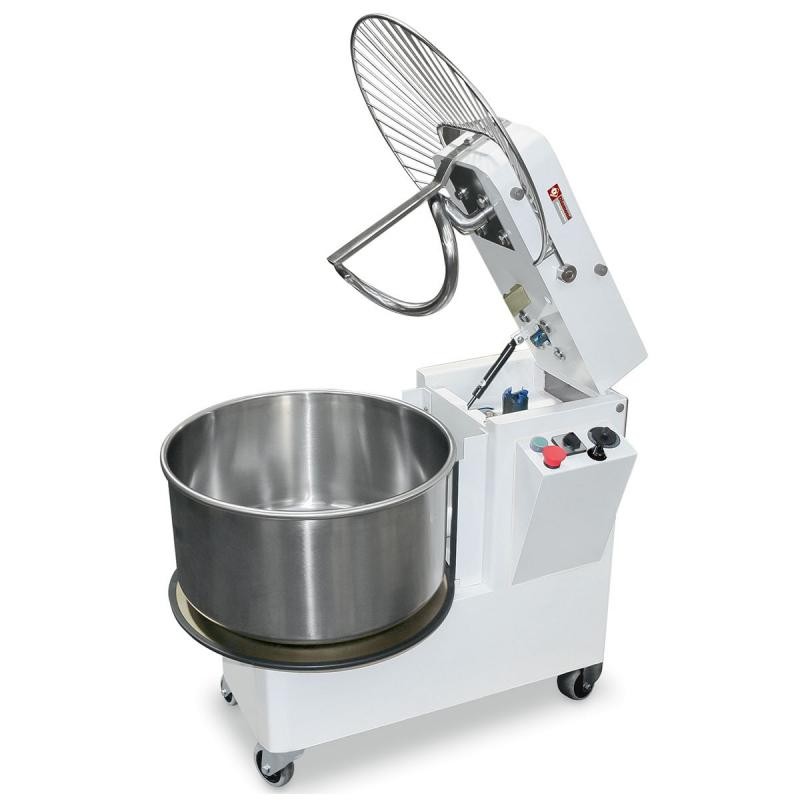 Pétrin à spirale 53 litres tête relevable, cuve amovible, 2 vitesses, timer, sur roues